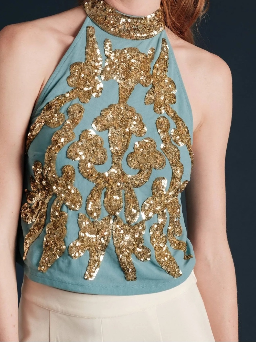 NWT Frances Valentine GODDESS Sequin Appliqué Halter Tank Top - Blue